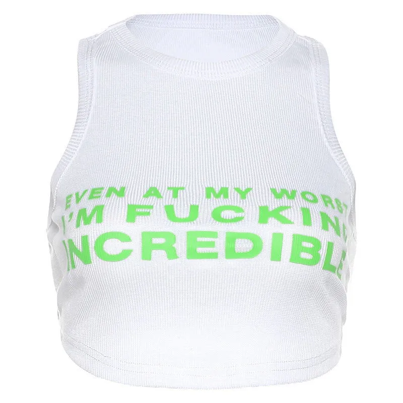 Autumn Women Clothing round Neck Sleeveless Printed Slim Fit Cropped Vest