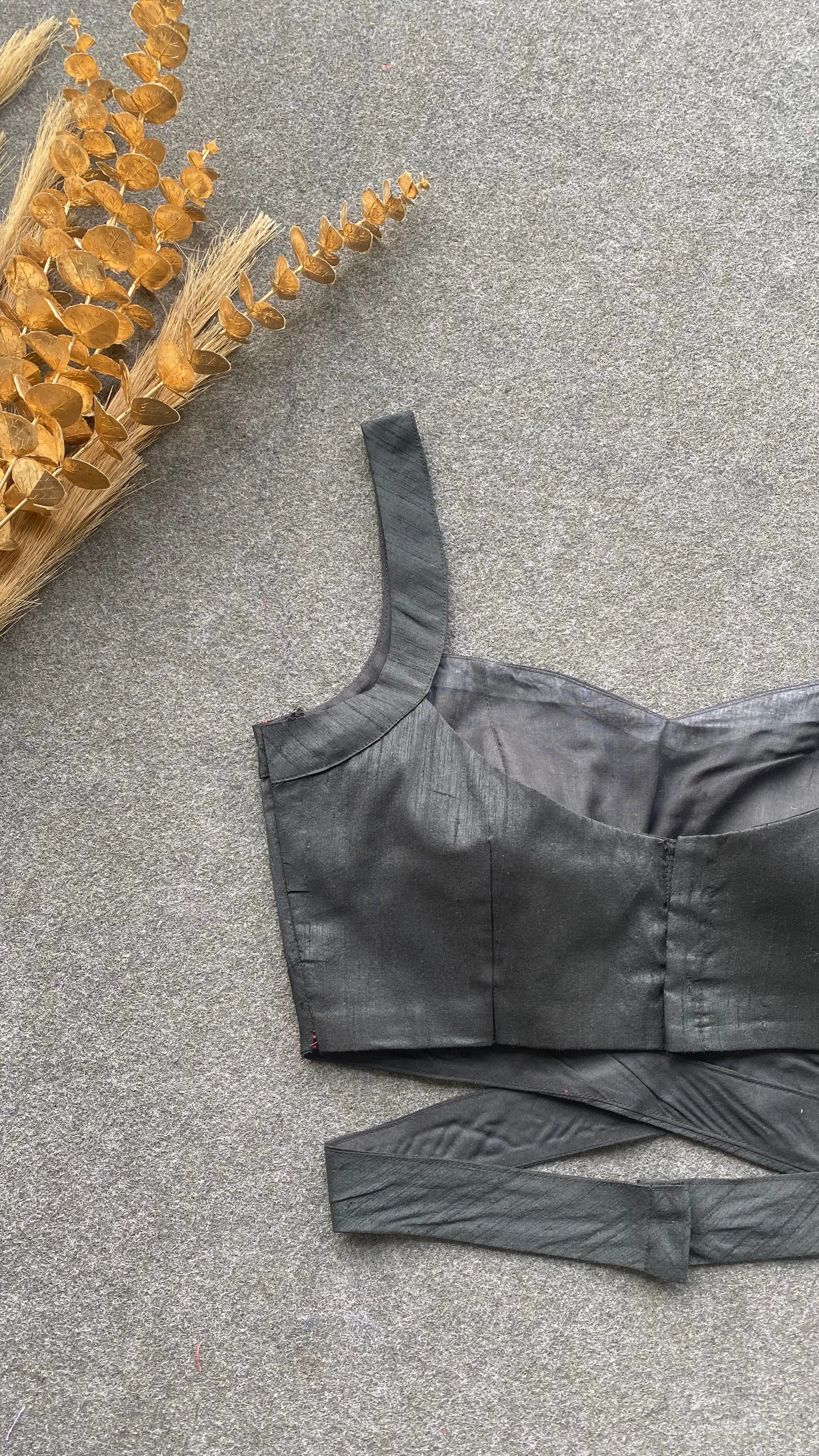 Black silk waist band patterned blouse