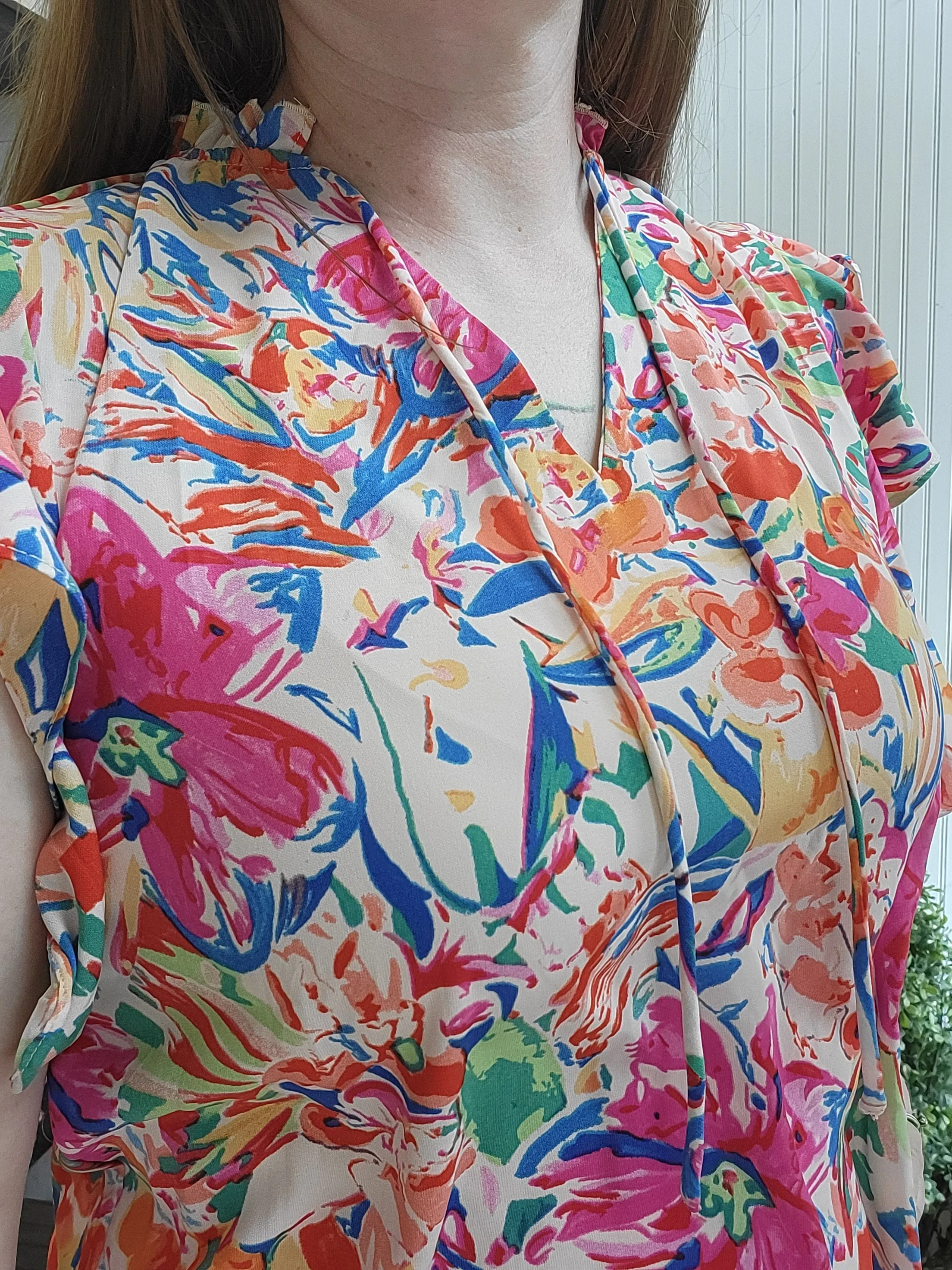 Bright Mixed Floral Tied Ruffle Sleeve Blouse