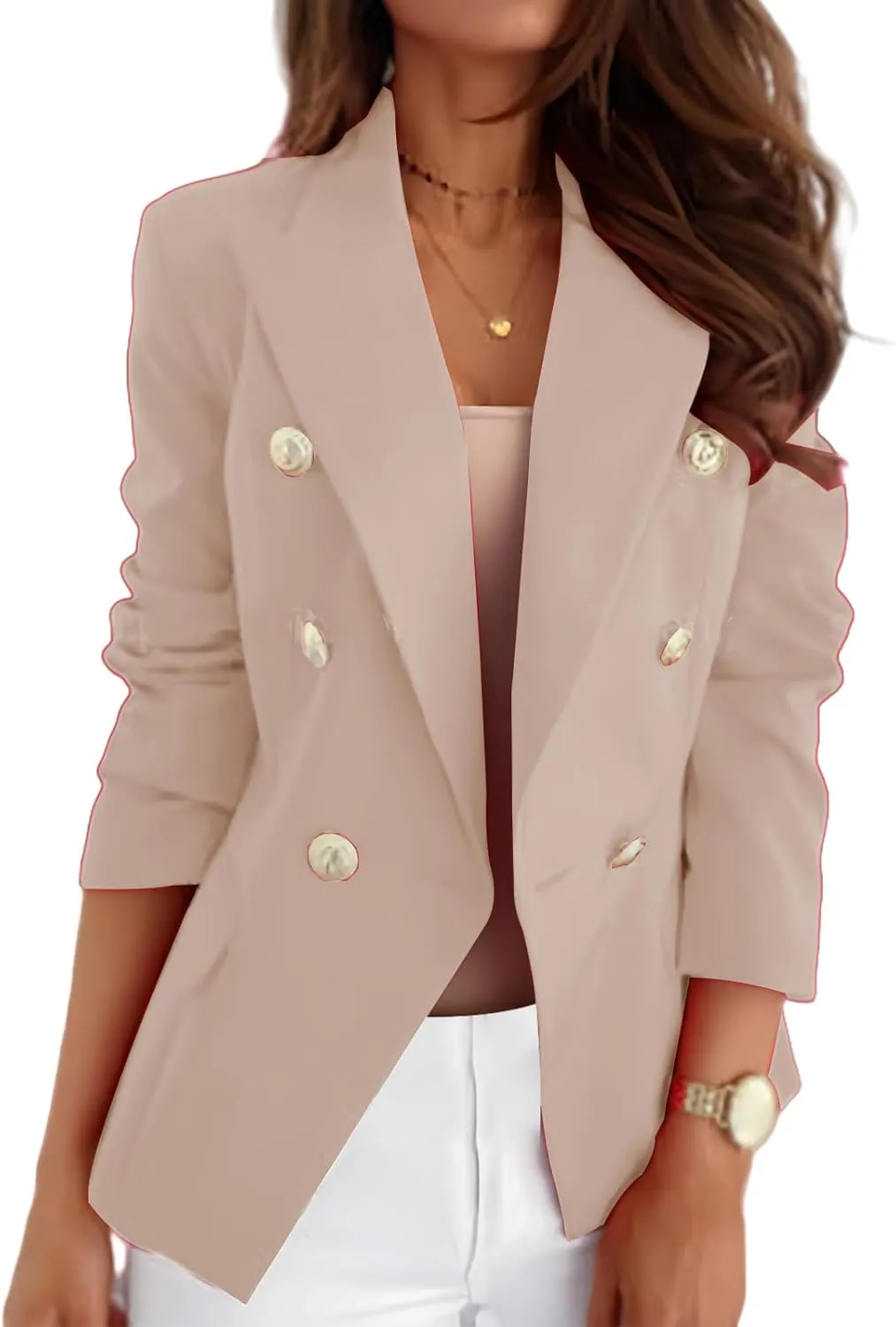 Casual Blazer for Women Trendy Long Sleeve Gold Button Work 0ffice Blazer Lapel Open Front Suit Jacket with Pockets