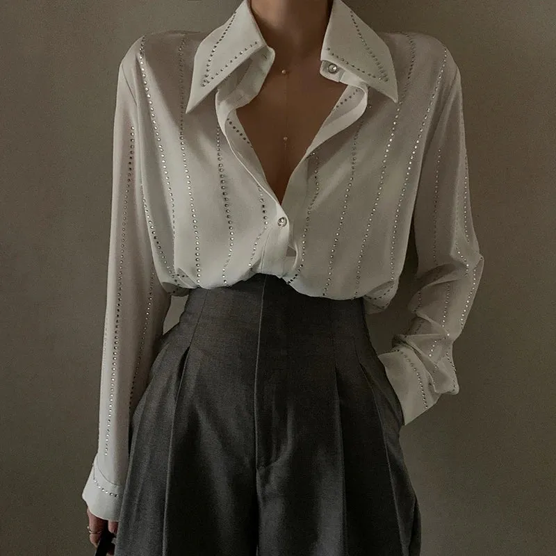 Casual Loose White Patchwork Diamonds Shirt For Women Lapel Long Sleeve Korean Fashion Blouses Females Autumn Style