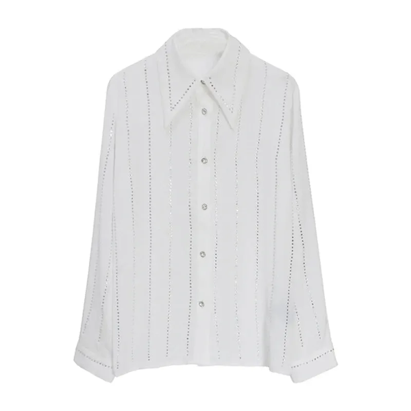 Casual Loose White Patchwork Diamonds Shirt For Women Lapel Long Sleeve Korean Fashion Blouses Females Autumn Style