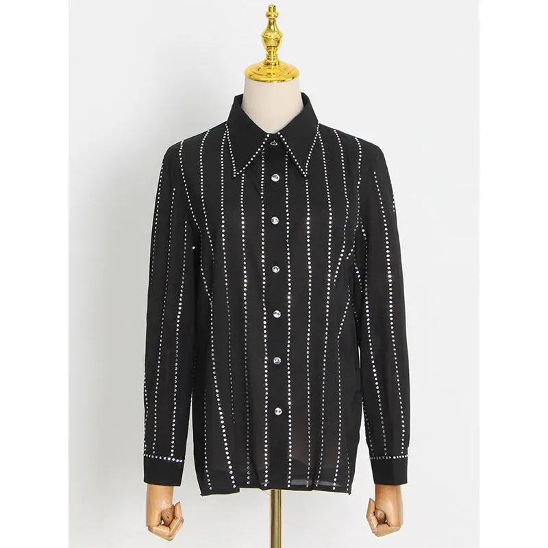 Casual Loose White Patchwork Diamonds Shirt For Women Lapel Long Sleeve Korean Fashion Blouses Females Autumn Style