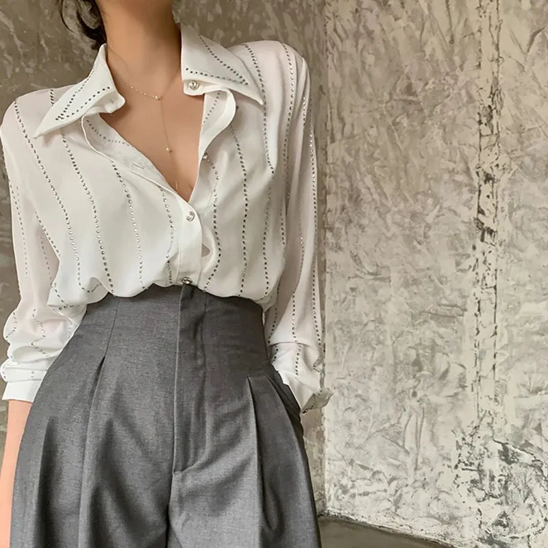 Casual Loose White Patchwork Diamonds Shirt For Women Lapel Long Sleeve Korean Fashion Blouses Females Autumn Style