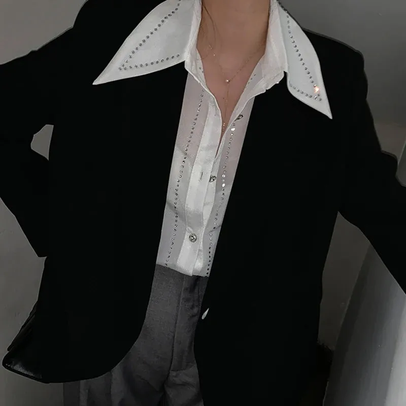 Casual Loose White Patchwork Diamonds Shirt For Women Lapel Long Sleeve Korean Fashion Blouses Females Autumn Style