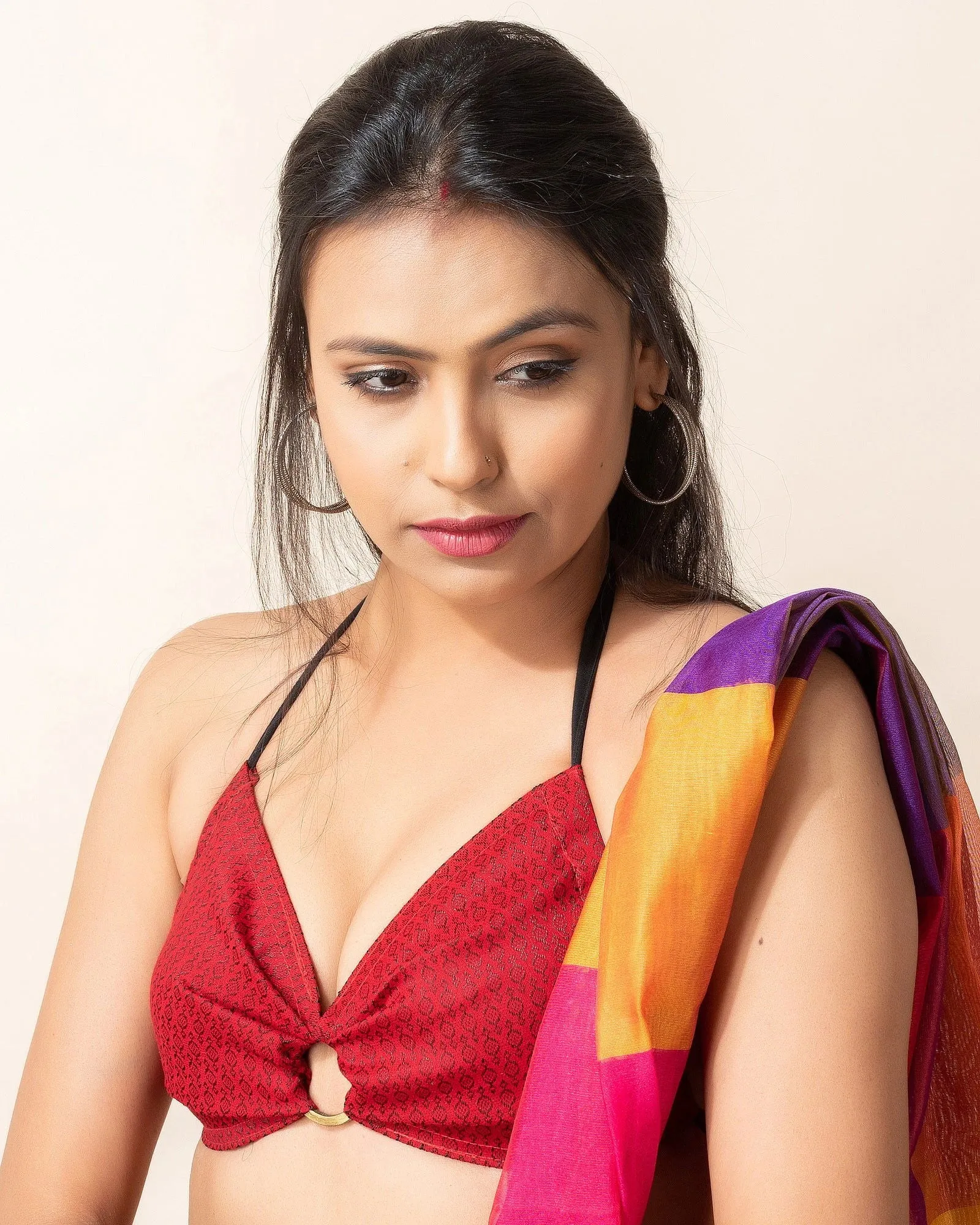 Designer Red Self-Design Fabric Backless Halter Blouse, Non-Padded
