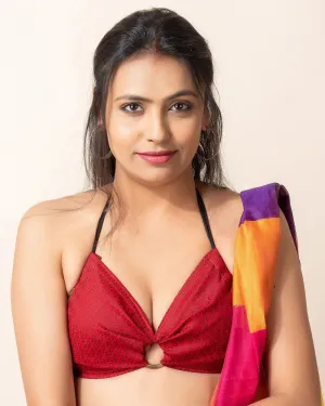 Designer Red Self-Design Fabric Backless Halter Blouse, Non-Padded