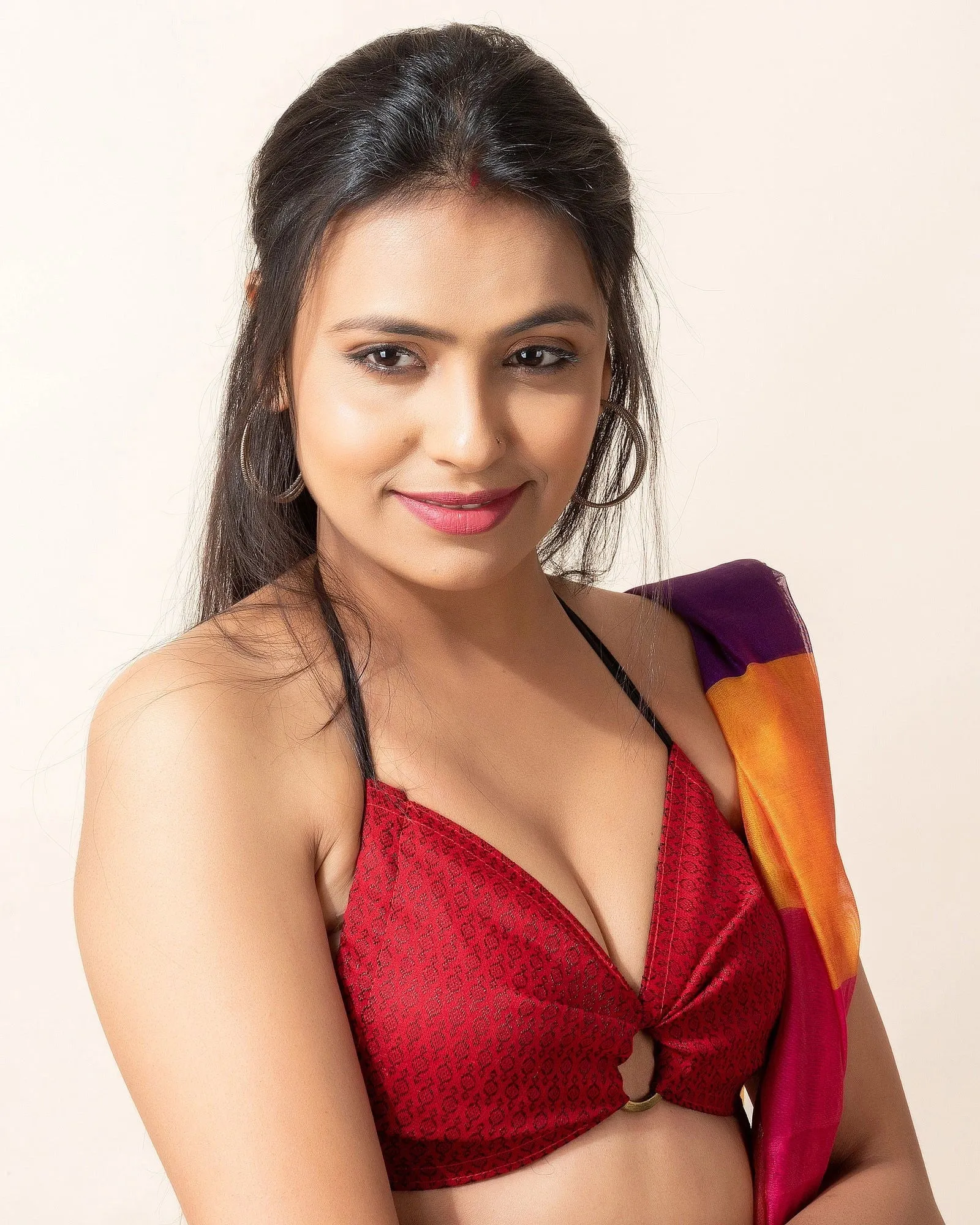 Designer Red Self-Design Fabric Backless Halter Blouse, Non-Padded
