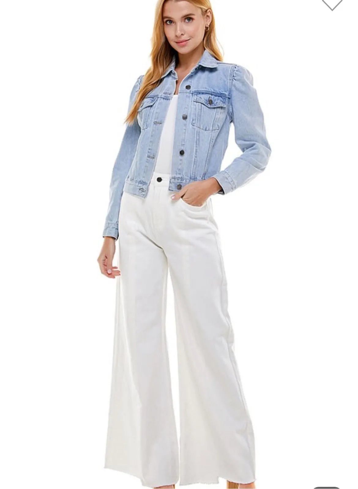 Fitted Crop Light Wash Denim Jacket with Puff Sleeves