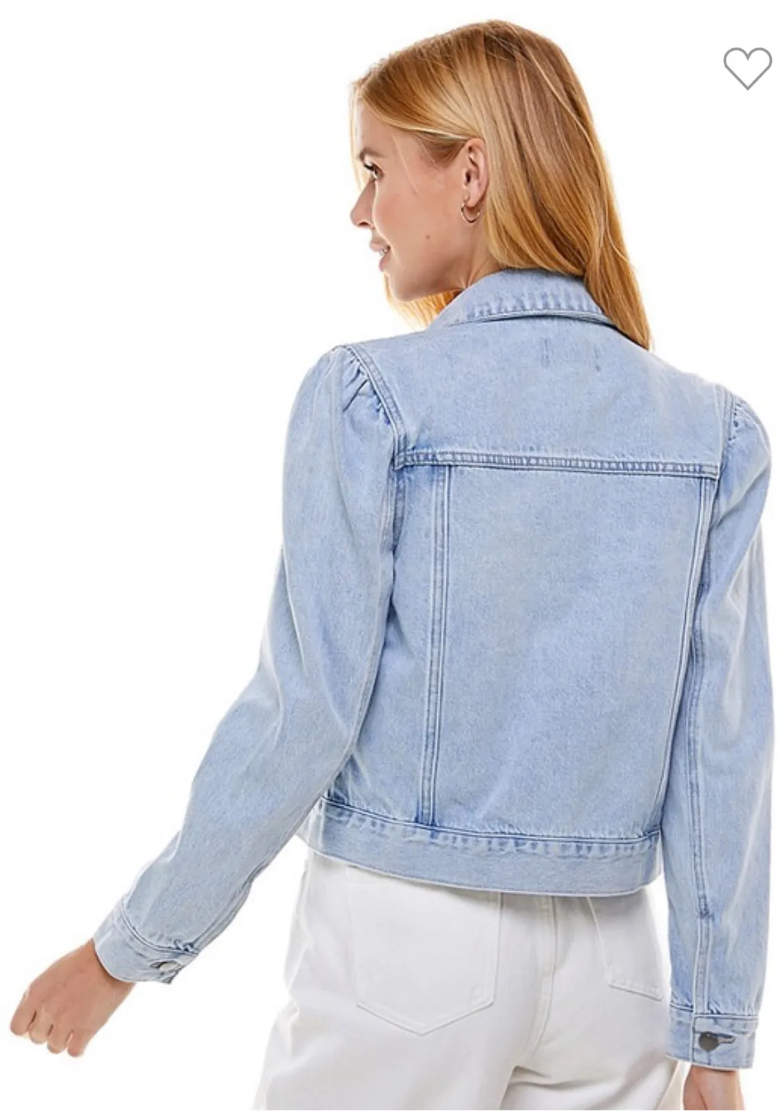 Fitted Crop Light Wash Denim Jacket with Puff Sleeves