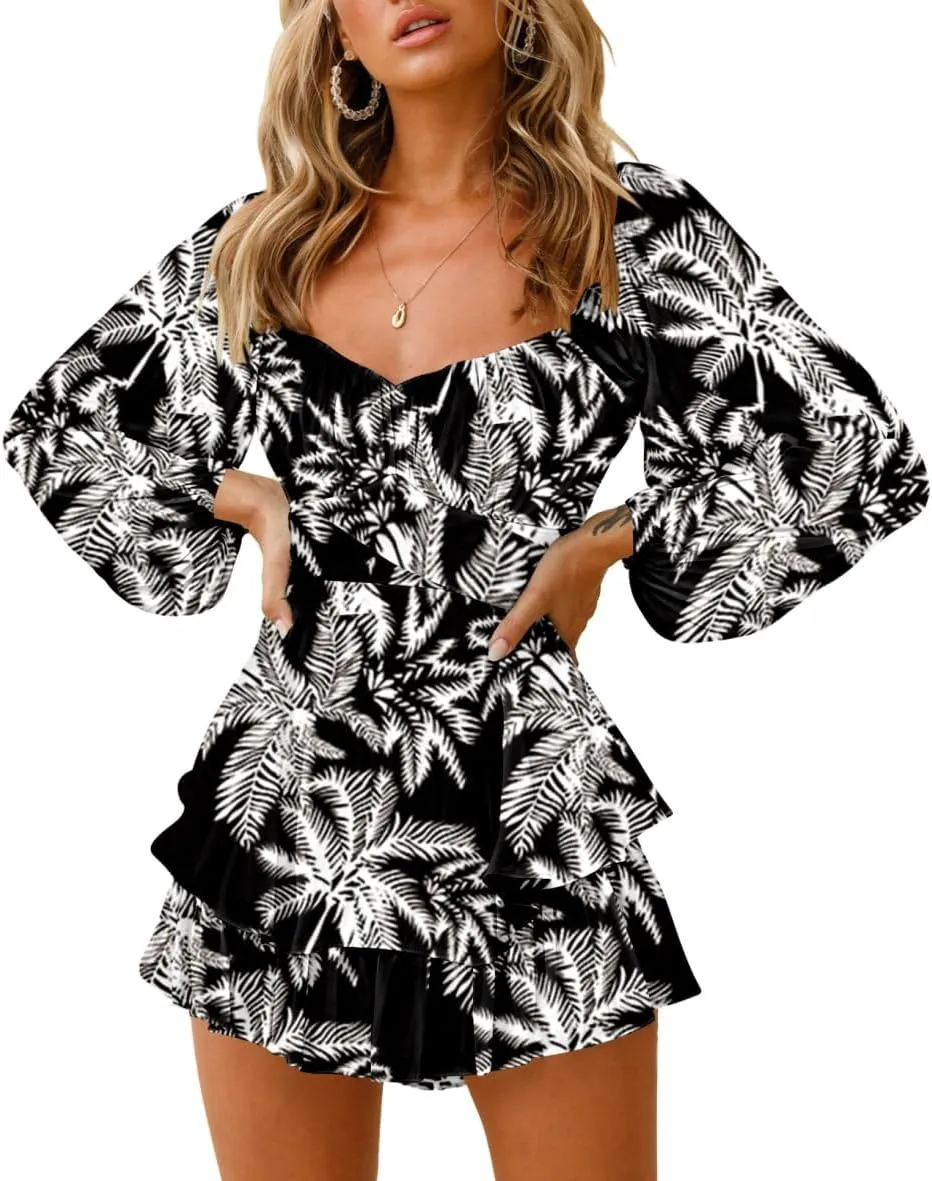Fixmatti Women off Shoulder Rompers Lantern Long Sleeve Ruffle Tie Mini Shorts Jumpsuit