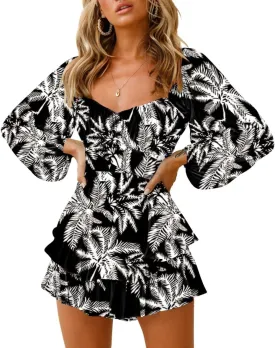 Fixmatti Women off Shoulder Rompers Lantern Long Sleeve Ruffle Tie Mini Shorts Jumpsuit