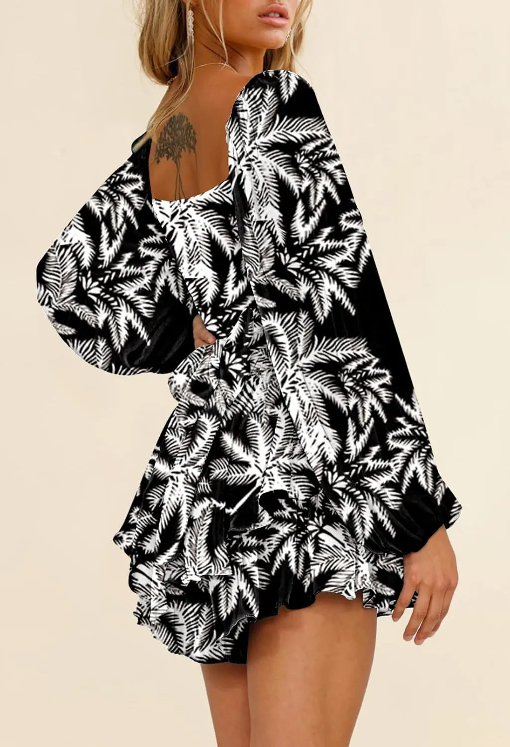 Fixmatti Women off Shoulder Rompers Lantern Long Sleeve Ruffle Tie Mini Shorts Jumpsuit