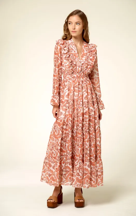 Floral Ruffled Maxi Dress In Orange