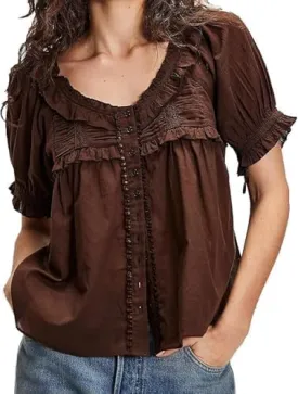 FP Ruffle Lace Trim Top Y2k Short Sleeve Flowy Free Button Down People Blouse Boho Lace Eyelet Babydoll Tops(Sheer Brown,Large)