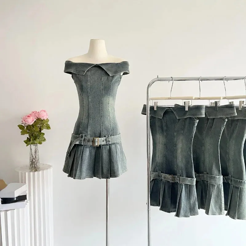 Girlary 2024 Summer Slim Vintage Dress Women Evening Party Elegant Mini Dress Office Lady Casual Outwear Denim Dress Korean Fashion Chic