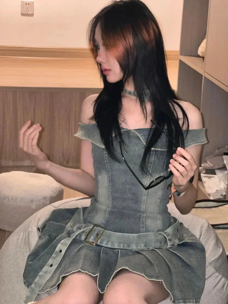 Girlary 2024 Summer Slim Vintage Dress Women Evening Party Elegant Mini Dress Office Lady Casual Outwear Denim Dress Korean Fashion Chic