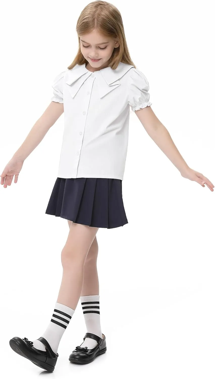 Girls Short Sleeve Peter Pan Blouse Puff Sleeve Button Down Shirt School Uniform Blouse 3-12 Years