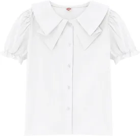 Girls Short Sleeve Peter Pan Blouse Puff Sleeve Button Down Shirt School Uniform Blouse 3-12 Years