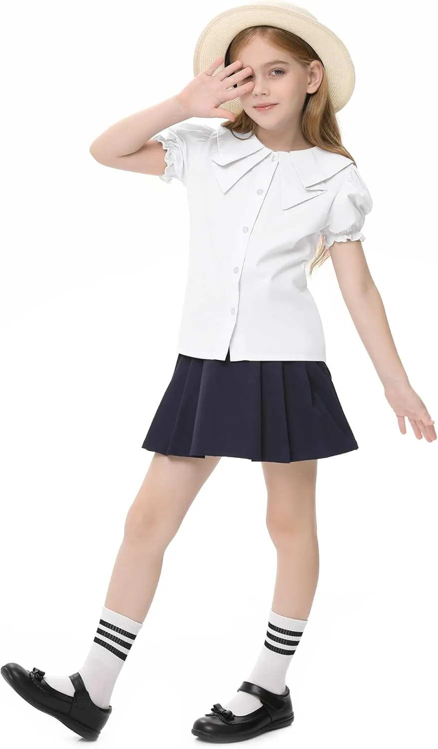 Girls Short Sleeve Peter Pan Blouse Puff Sleeve Button Down Shirt School Uniform Blouse 3-12 Years