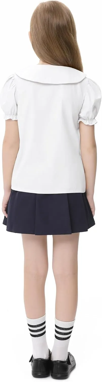 Girls Short Sleeve Peter Pan Blouse Puff Sleeve Button Down Shirt School Uniform Blouse 3-12 Years