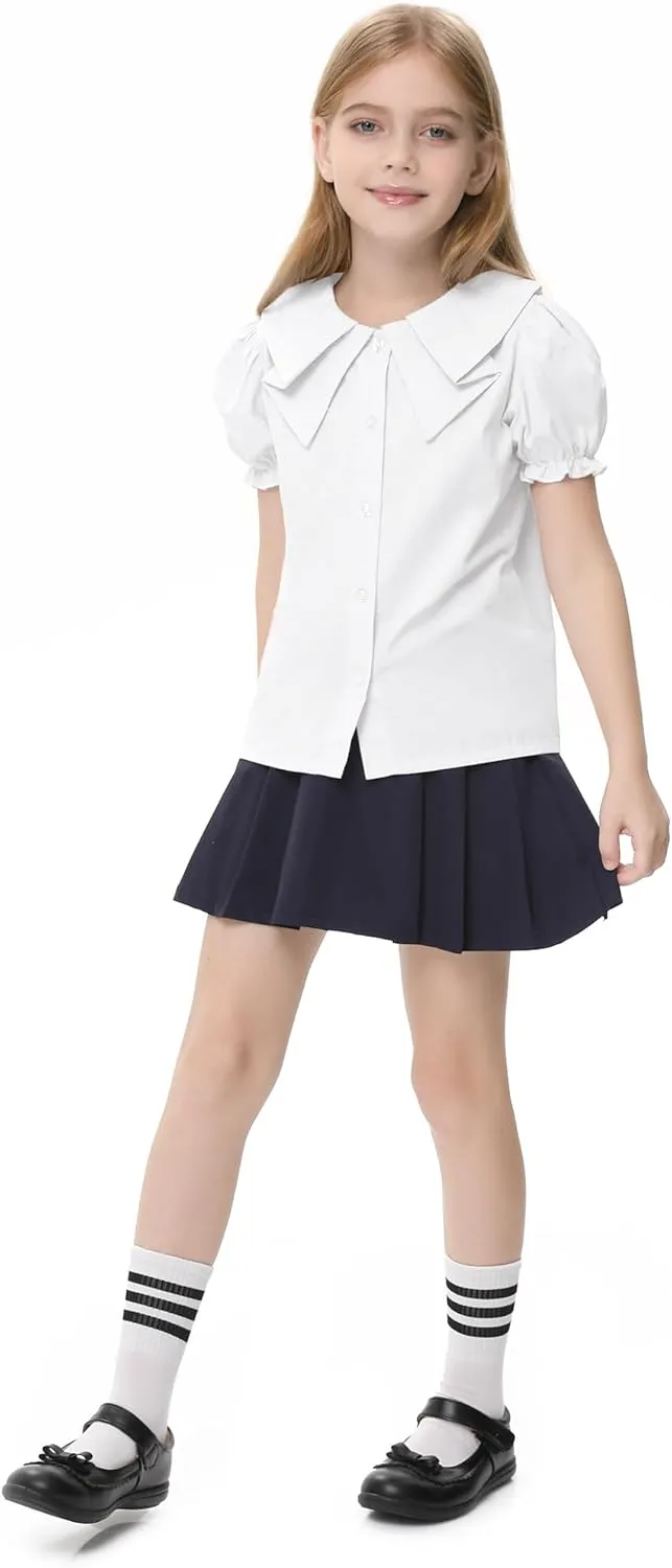 Girls Short Sleeve Peter Pan Blouse Puff Sleeve Button Down Shirt School Uniform Blouse 3-12 Years