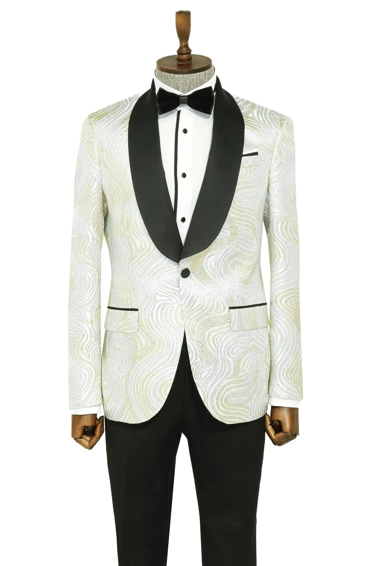 Gold Patterned Over White Men Tuxedo Blazer - Wessi