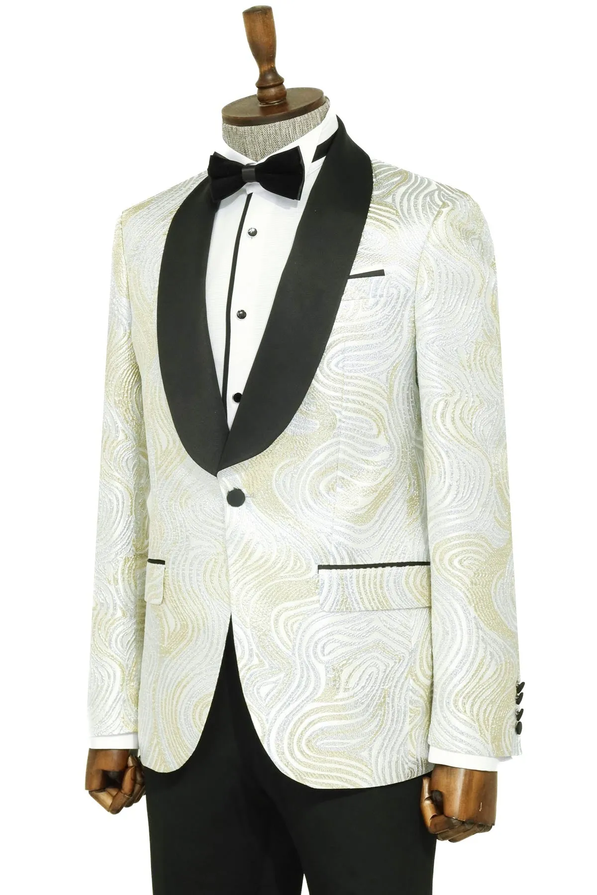 Gold Patterned Over White Men Tuxedo Blazer - Wessi