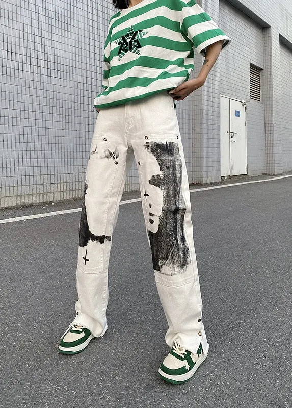 Herringbone Graffiti Print White Straight Jeans