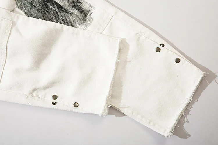 Herringbone Graffiti Print White Straight Jeans