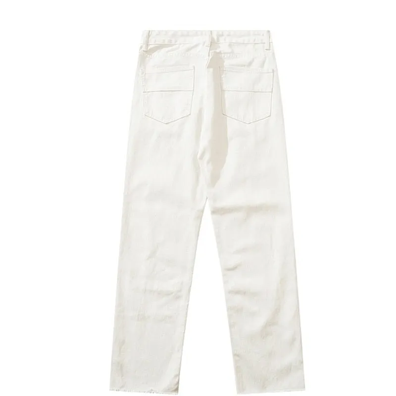 Herringbone Graffiti Print White Straight Jeans