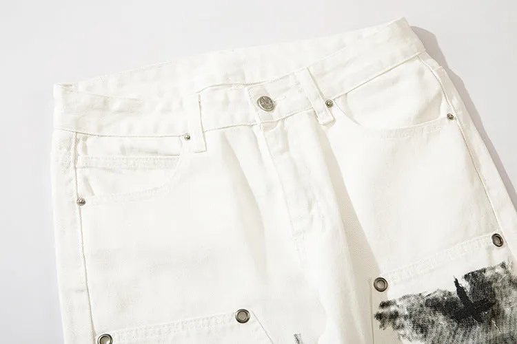 Herringbone Graffiti Print White Straight Jeans