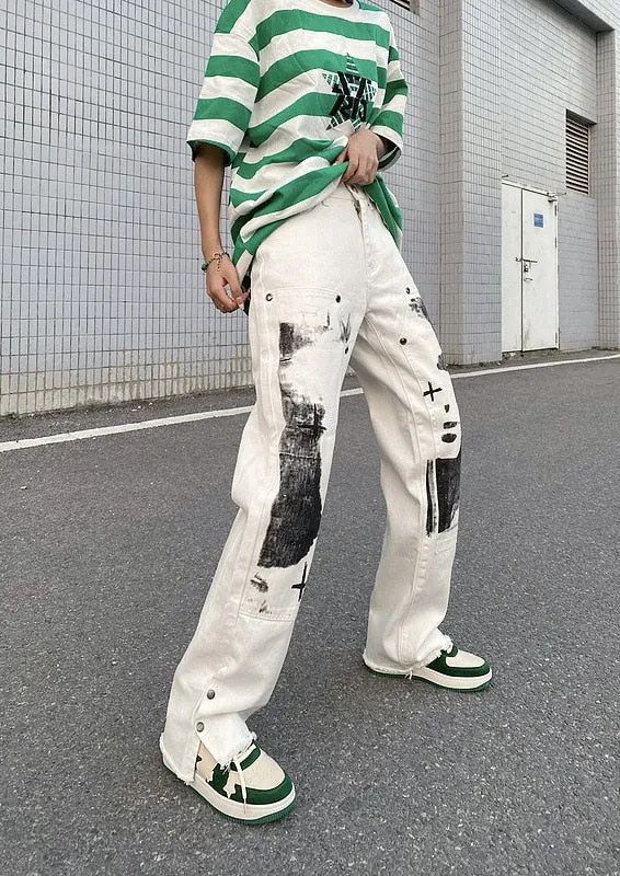 Herringbone Graffiti Print White Straight Jeans