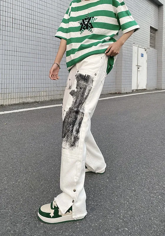 Herringbone Graffiti Print White Straight Jeans