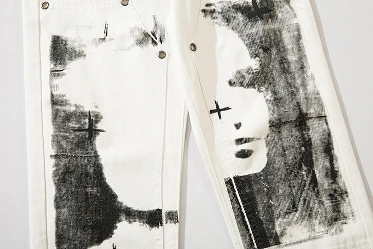 Herringbone Graffiti Print White Straight Jeans