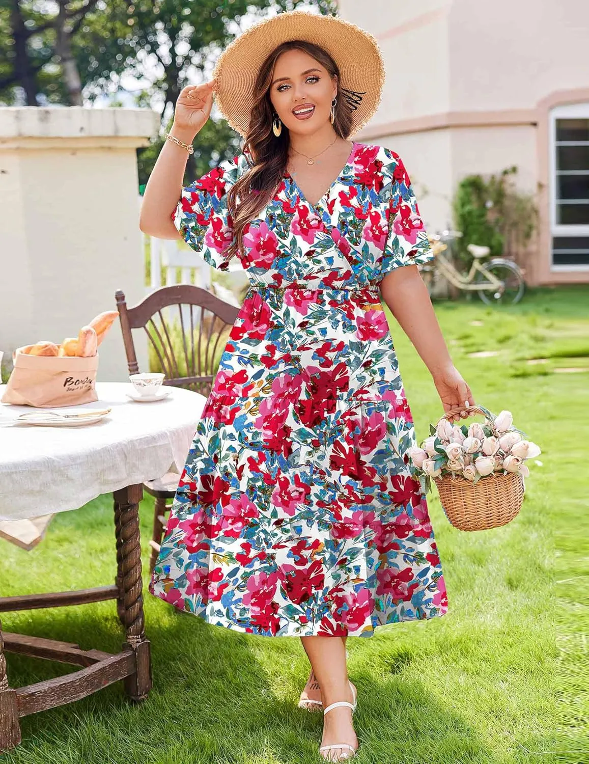 IN'VOLAND Plus Size Short Sleeve Dress for Women Summer Casual V Neck Floral Maxi Dresses with Pockets