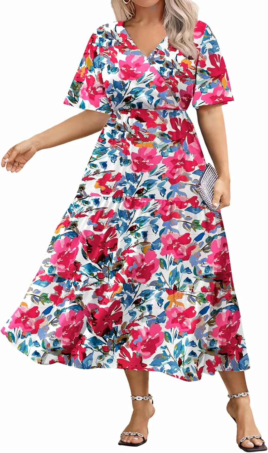 IN'VOLAND Plus Size Short Sleeve Dress for Women Summer Casual V Neck Floral Maxi Dresses with Pockets