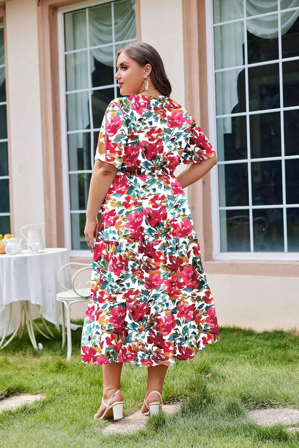IN'VOLAND Plus Size Short Sleeve Dress for Women Summer Casual V Neck Floral Maxi Dresses with Pockets
