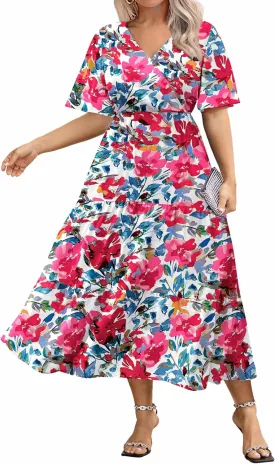 IN'VOLAND Plus Size Short Sleeve Dress for Women Summer Casual V Neck Floral Maxi Dresses with Pockets