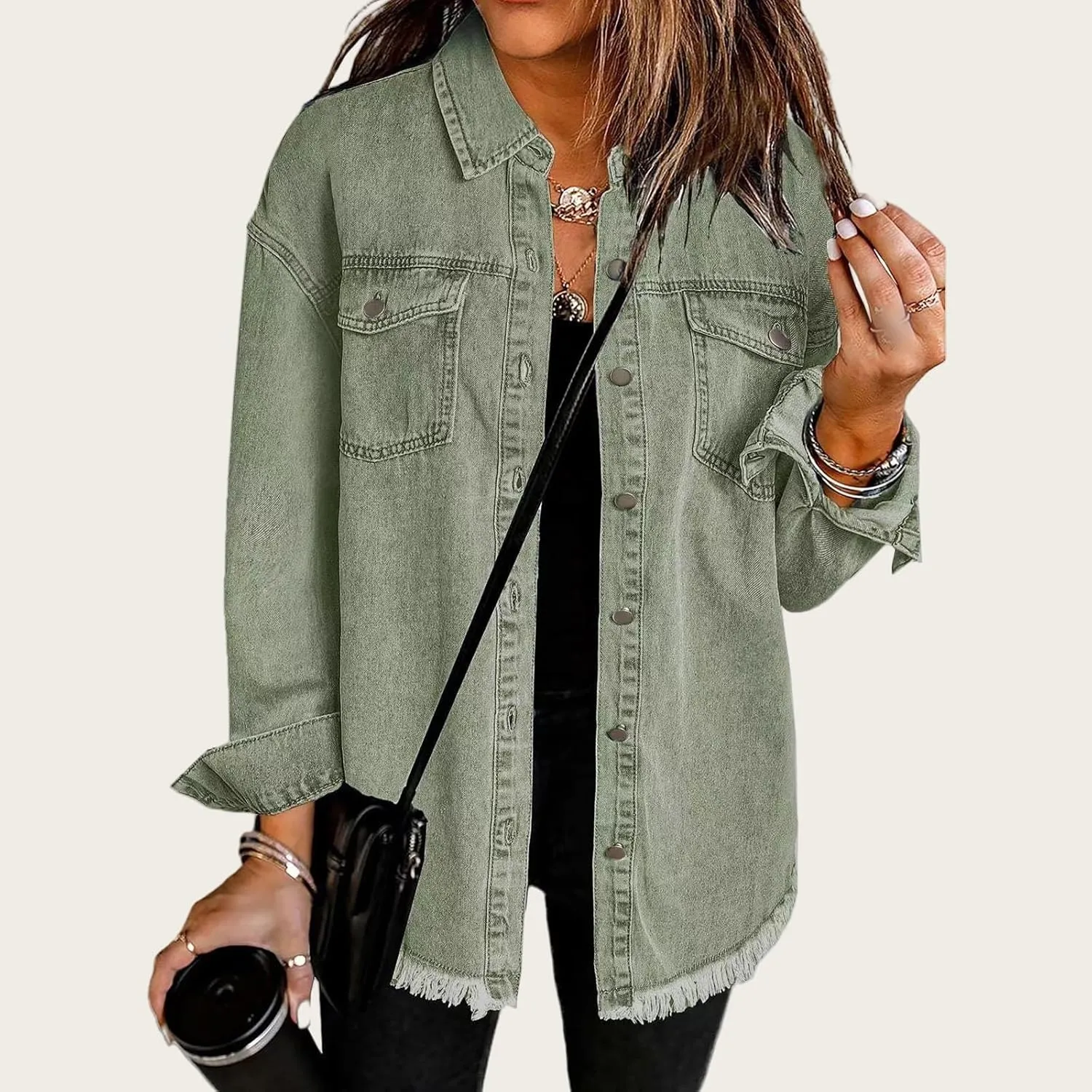 Jean Jackets for Women Oversized Button Up Frayed Hem Shacket Casual Long Sleeve Denim Jean Jackets Coat with Pockets