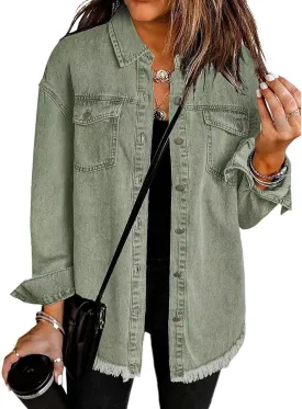 Jean Jackets for Women Oversized Button Up Frayed Hem Shacket Casual Long Sleeve Denim Jean Jackets Coat with Pockets