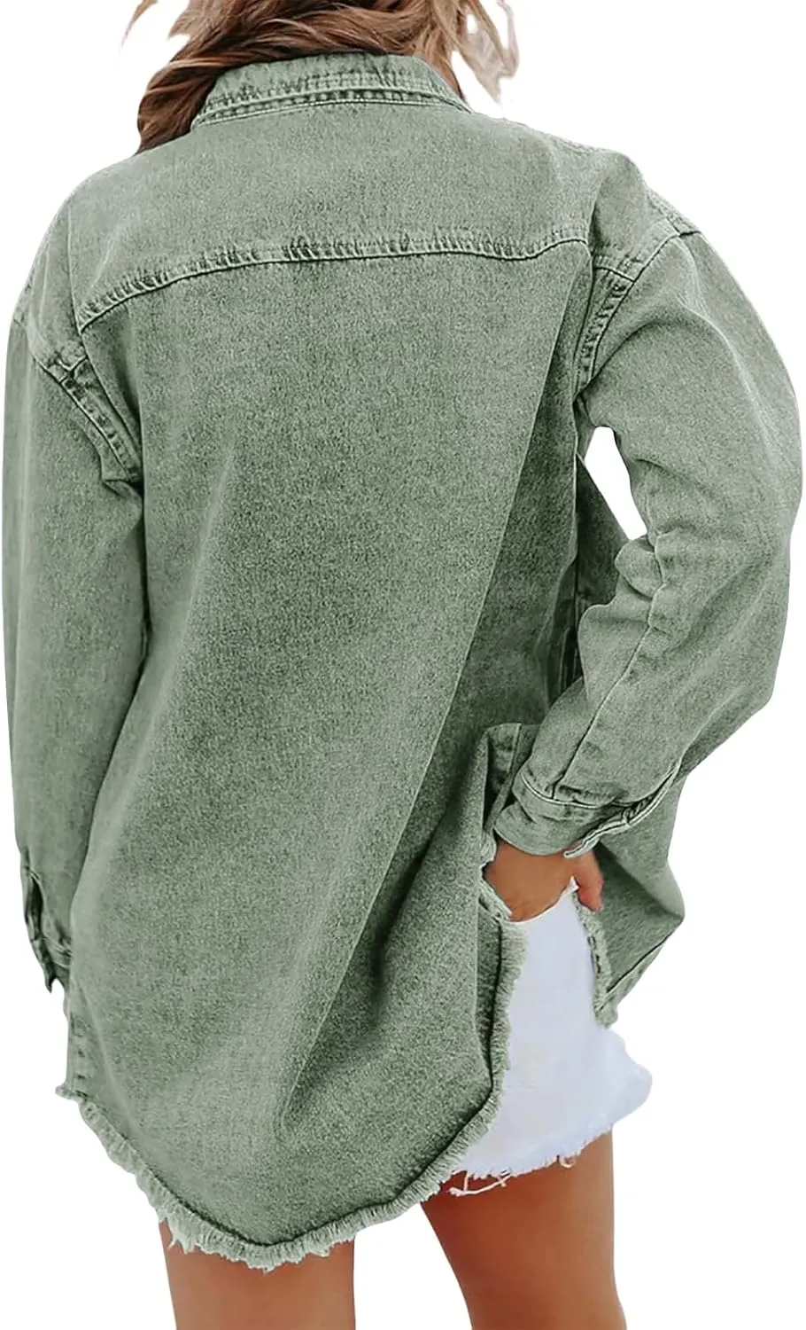 Jean Jackets for Women Oversized Button Up Frayed Hem Shacket Casual Long Sleeve Denim Jean Jackets Coat with Pockets