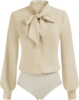 Kate Kasin Women Bow Tie Neck Office Blouse Button Down Long Sleeve Bodysuits Blouse Top