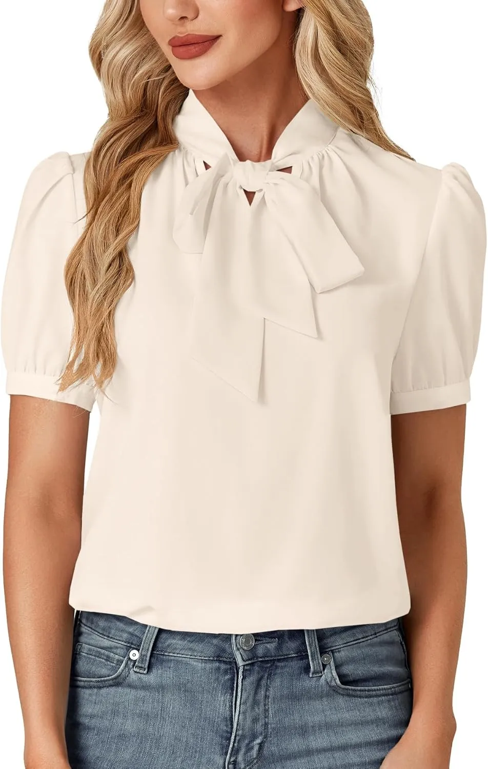 KIFOVEN Women's Business Bow Tie Knot Mock Neck Puff Short Sleeve Workwear Blouse Shirt Top
