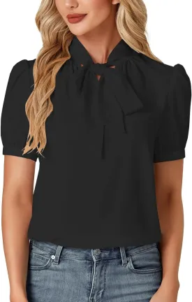 KIFOVEN Women's Business Bow Tie Knot Mock Neck Puff Short Sleeve Workwear Blouse Shirt Top