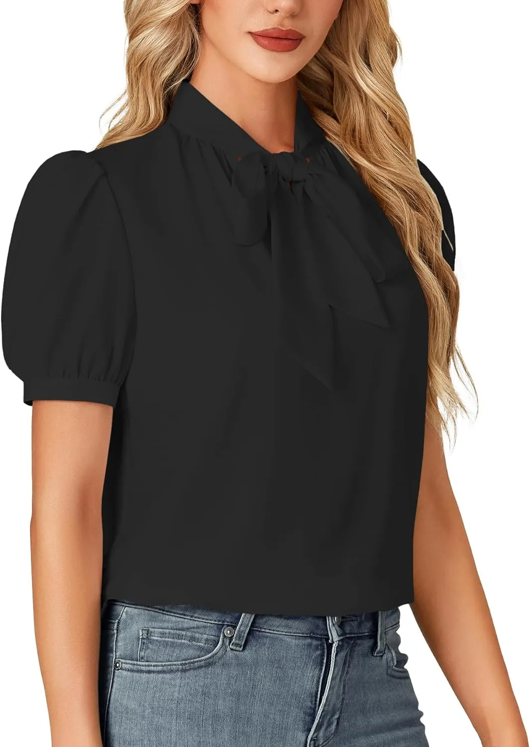 KIFOVEN Women's Business Bow Tie Knot Mock Neck Puff Short Sleeve Workwear Blouse Shirt Top