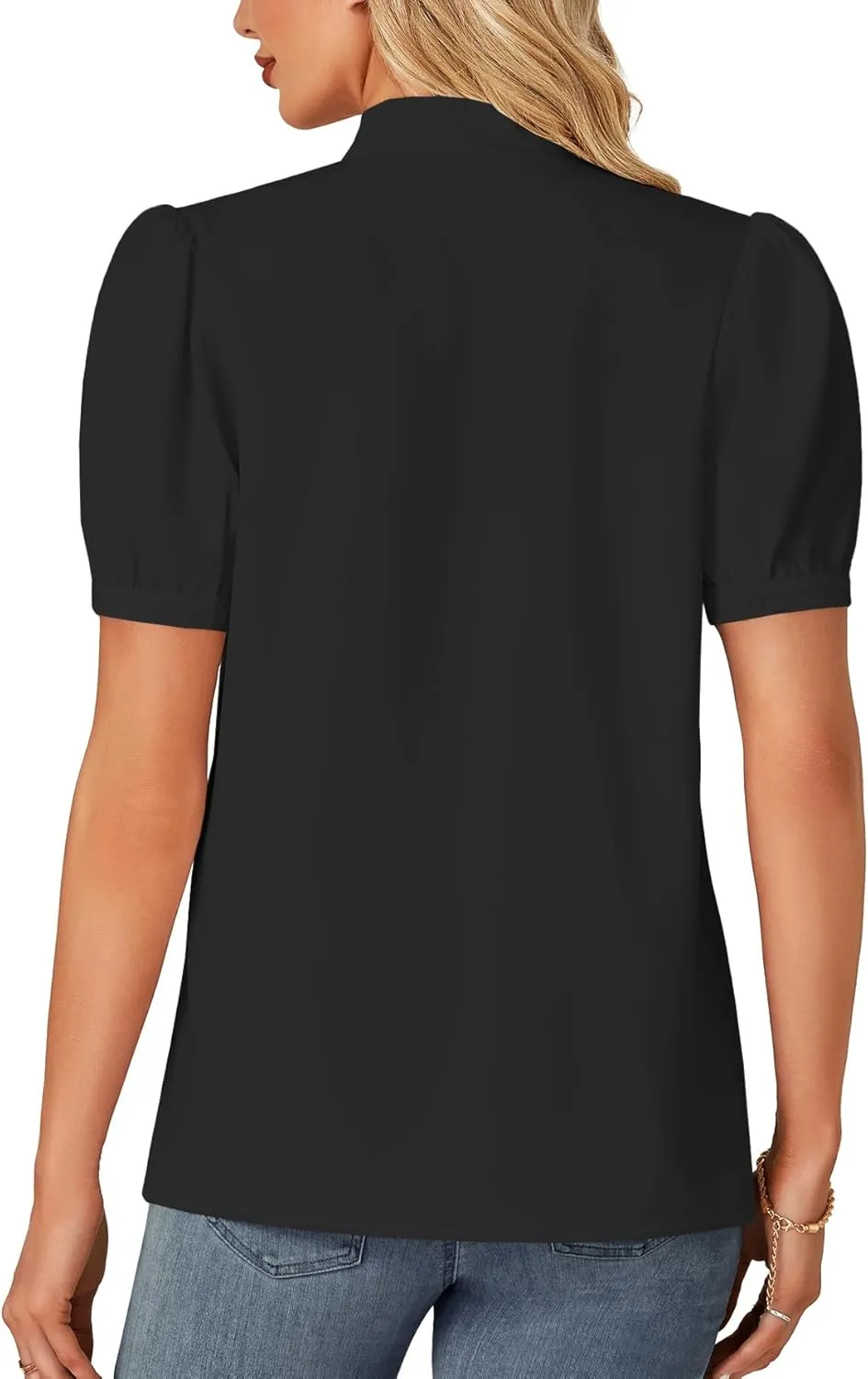 KIFOVEN Women's Business Bow Tie Knot Mock Neck Puff Short Sleeve Workwear Blouse Shirt Top