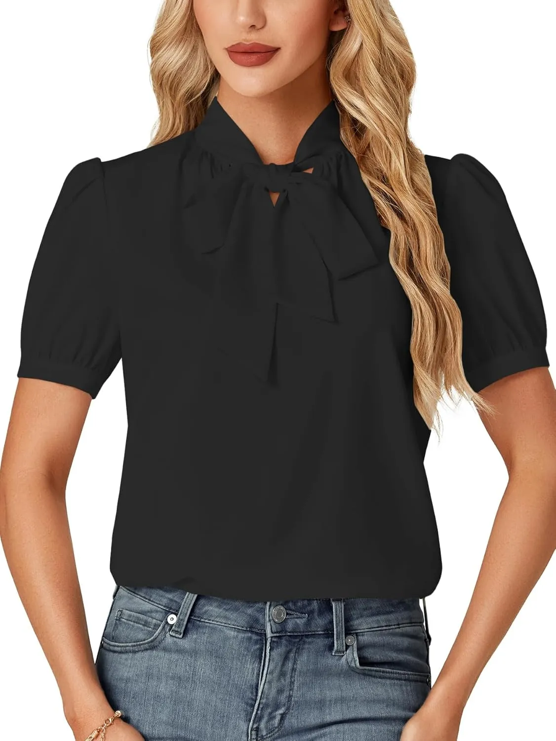 KIFOVEN Women's Business Bow Tie Knot Mock Neck Puff Short Sleeve Workwear Blouse Shirt Top