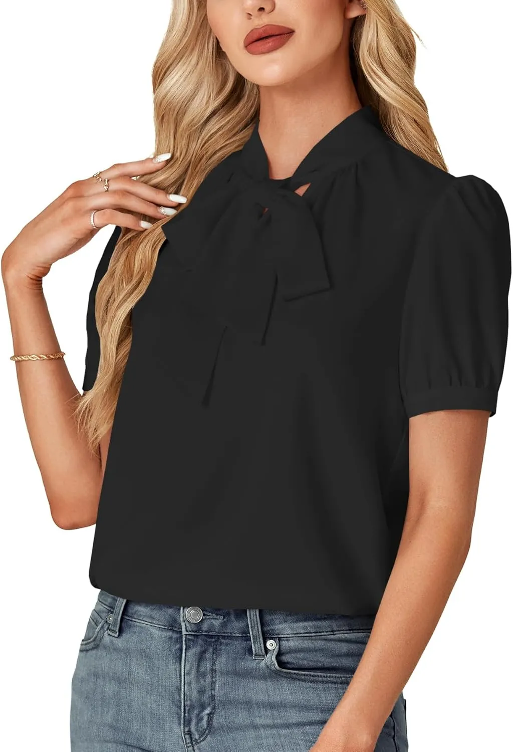 KIFOVEN Women's Business Bow Tie Knot Mock Neck Puff Short Sleeve Workwear Blouse Shirt Top