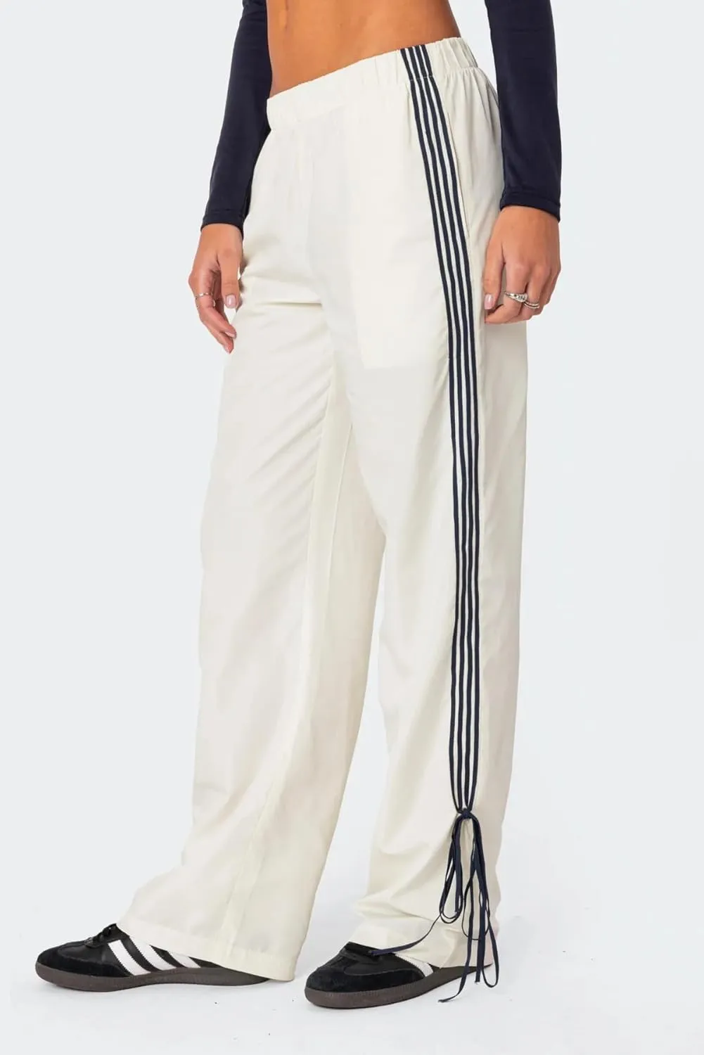 KMBANGI Women Striped Track Pants Elastic Waist Straight Leg Sweatpants Joggers Wide Leg Side Stripes Pants with Pockets